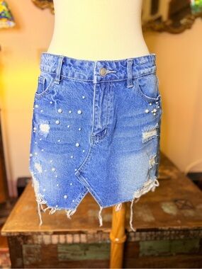 Angel Kiss Blue Pearl-Embellished Distressed Denim Mini Skirt